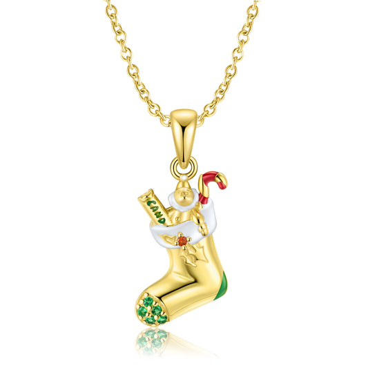 .925 Sterling Silver Gold-Plated Christmas Stocking Necklace Exquisite Ins Wind Collarbone Chain Jewelry Gift S925 Sterling Silver Gold-Plated