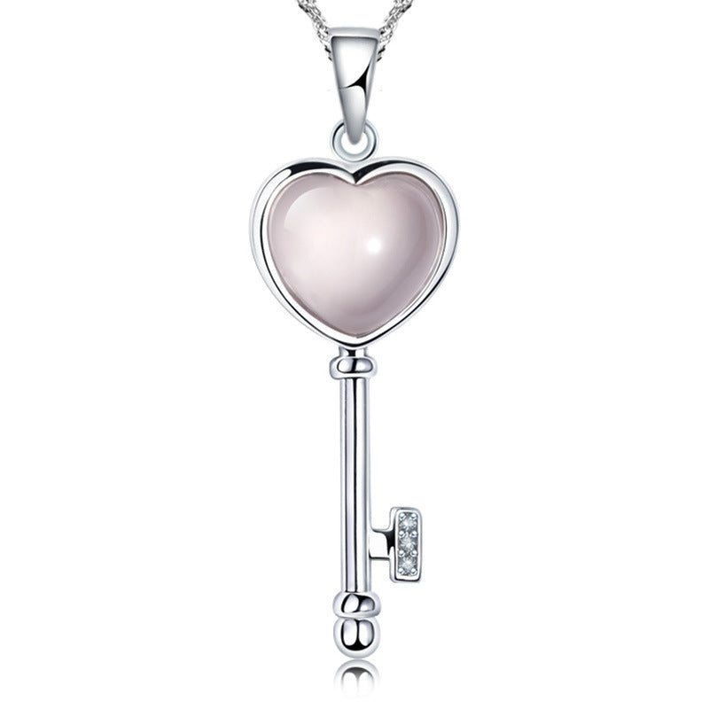 .925 Sterling Silver Love Heart Key Opal Gem Stone Pendant Necklace Gift Jewelry Gift for Women Girls S925