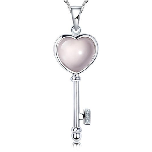 .925 Sterling Silver Love Heart Key Opal Gem Stone Pendant Necklace Gift Jewelry Gift for Women Girls S925
