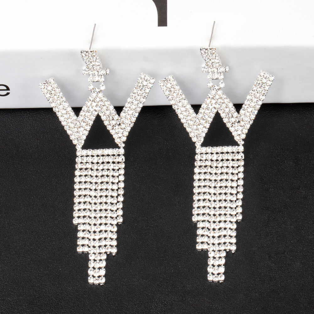 .925 Sterling Silver Rhinestone Letter Earrings Gift Banquet Tassel Needle Ear Ornaments Fashion Jewelry S925 Sterling Silver