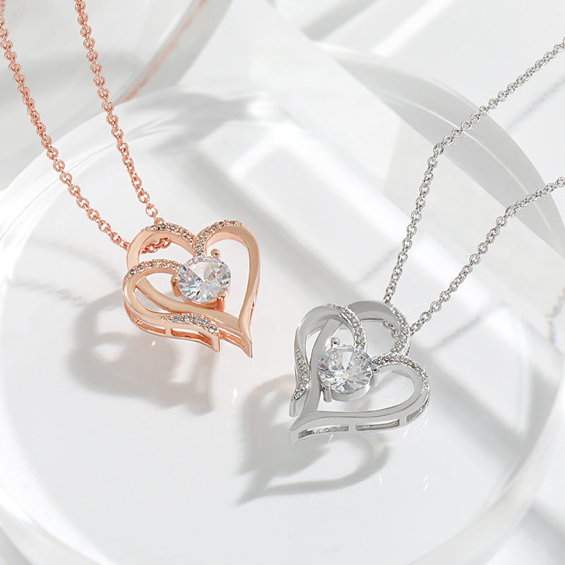 Women’s Zircon Double Love Necklace With Rhinestones Ins Personalized Heart-shaped Necklace Clavicle Chain Jewelry For Women