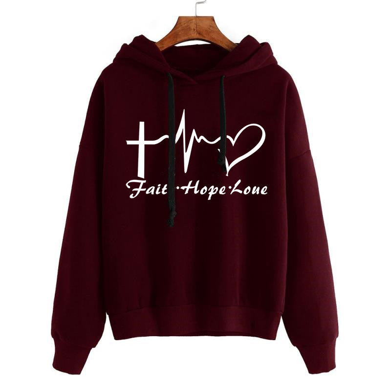 Heart Print Hoodie Sweatshirt Pullover Tops Women Long Sleeve Sports Clothes Christmas Gift Christian Gifts Religious Gifts Faith Hope Love