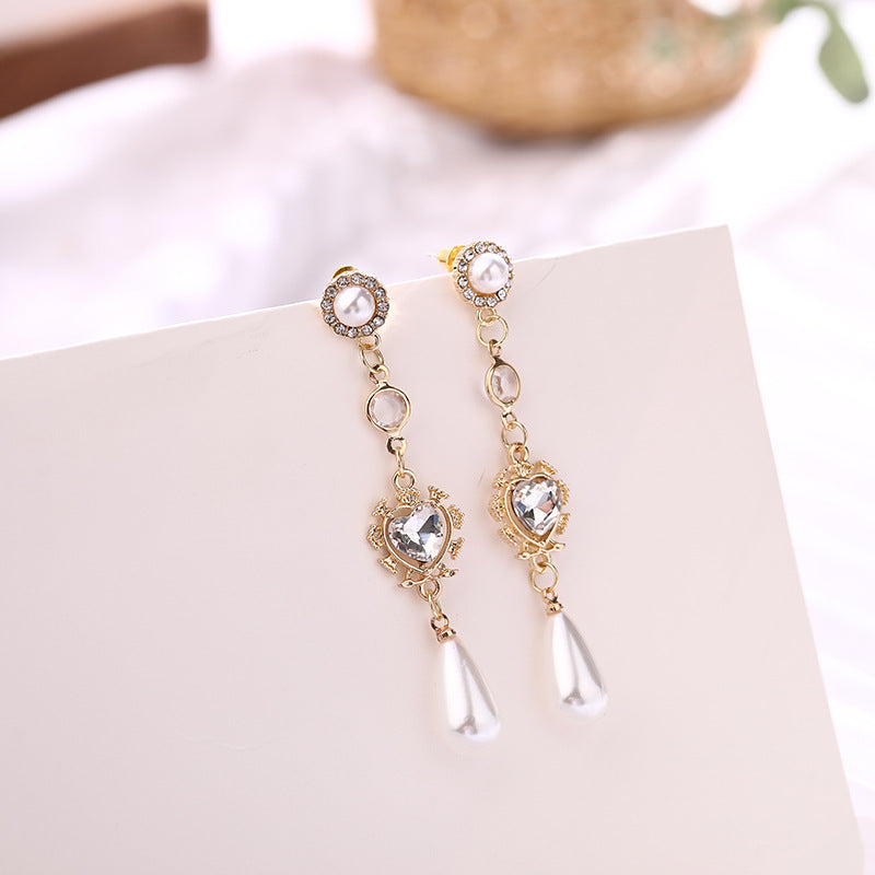 Pearl Heart-Shaped Earrings Valentines's Day Gift Rhinestone Long Earrings