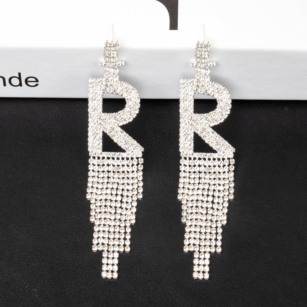 .925 Sterling Silver Rhinestone Letter Earrings Gift Banquet Tassel Needle Ear Ornaments Fashion Jewelry S925 Sterling Silver
