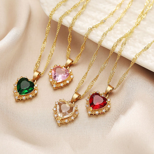 Colorful Rhinestones Heart-Shaped Necklace Valentine's Day Gift Love Gold Clavicle Chain Ins Personalized Jewelry