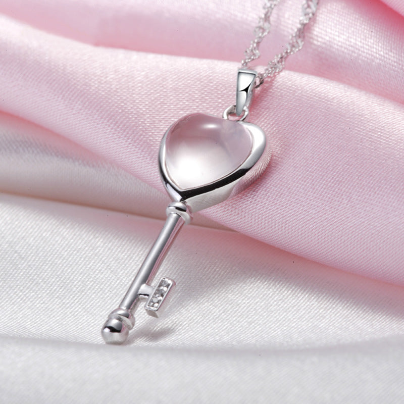.925 Sterling Silver Love Heart Key Opal Gem Stone Pendant Necklace Gift Jewelry Gift for Women Girls S925