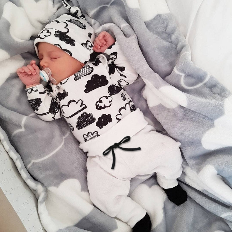 3 Pcs Baby Boy Baby Girl Clothes Set White Cloud Cotton Infant Toddler Clothes for Babies 3M, 6M, 12M, 18M, 24M, 2YO