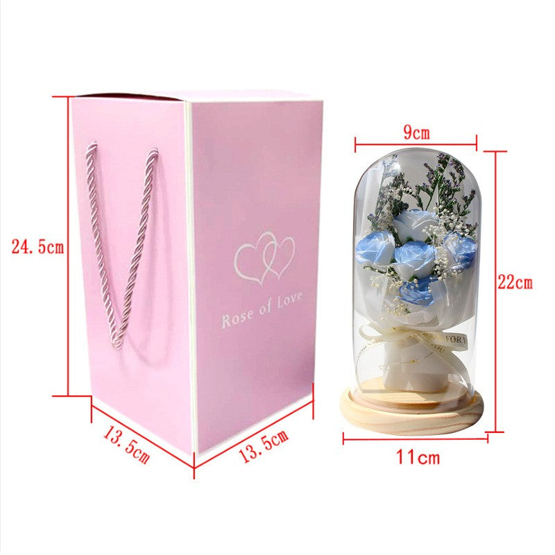 Artificial Rose Dried Flowers Gypsophila Babysbreath Bouquet Glass Cover Ornaments LED Small Night Lamp Valentine's Day Gift