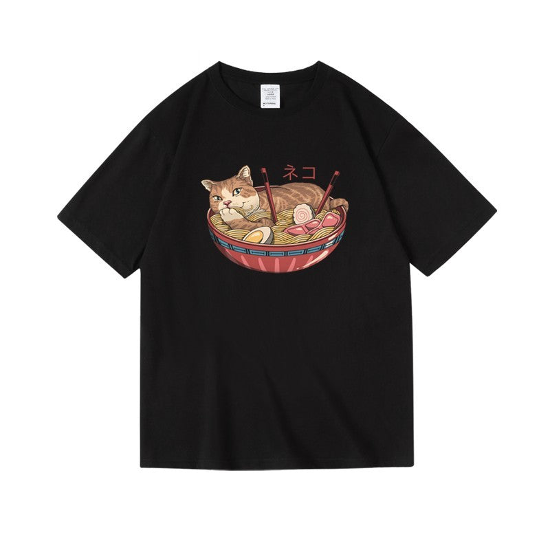 Cat Ramen Print T-Shirt