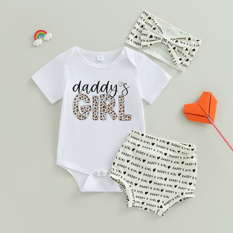 Summer Baby Girl Three-piece Set Short Sleeve Onesie with Shorts and Bow for Babies with Hair Accessories Adjustable Clothes Toddler Clothes for 3M, 6M, 12M, 18M