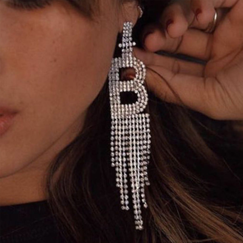.925 Sterling Silver Rhinestone Letter Earrings Gift Banquet Tassel Needle Ear Ornaments Fashion Jewelry S925 Sterling Silver