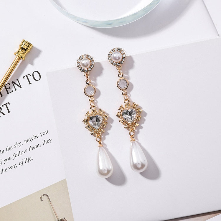 Pearl Heart-Shaped Earrings Valentines's Day Gift Rhinestone Long Earrings