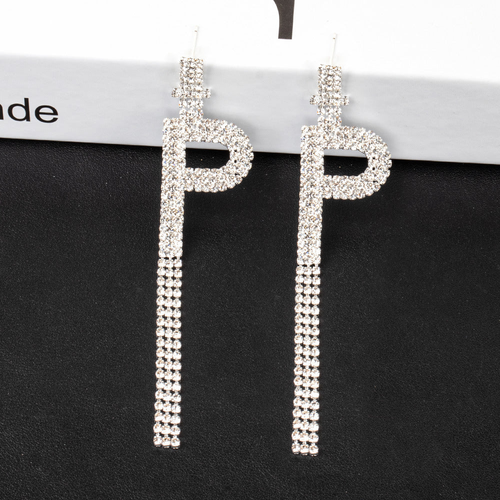 .925 Sterling Silver Rhinestone Letter Earrings Gift Banquet Tassel Needle Ear Ornaments Fashion Jewelry S925 Sterling Silver