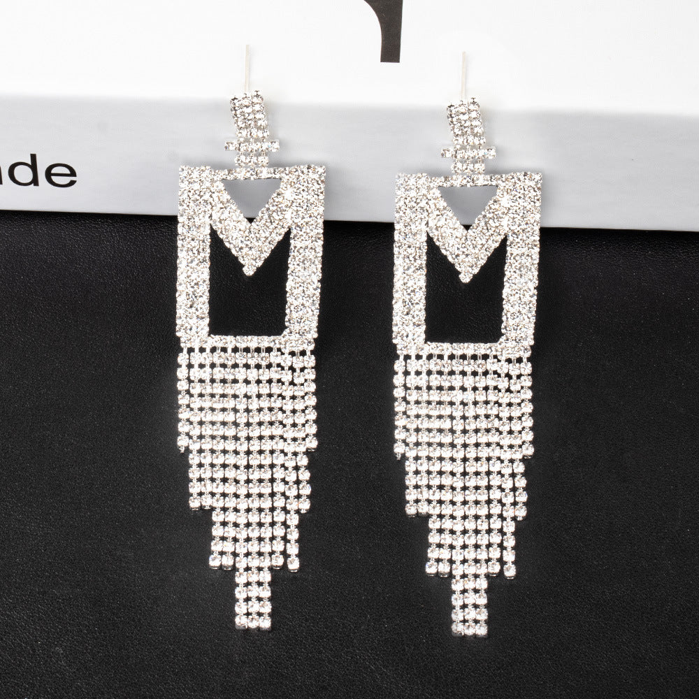 .925 Sterling Silver Rhinestone Letter Earrings Gift Banquet Tassel Needle Ear Ornaments Fashion Jewelry S925 Sterling Silver