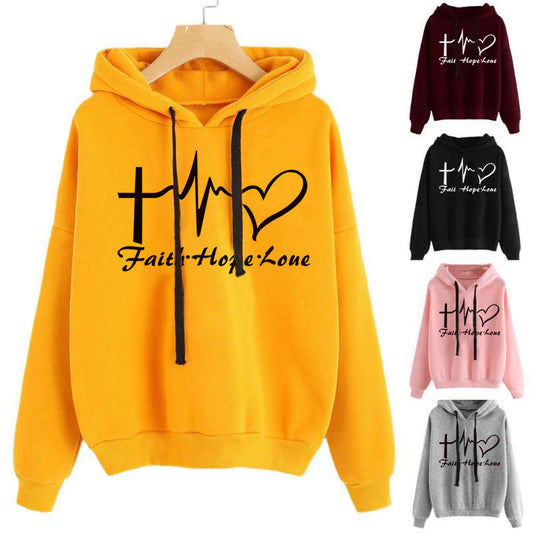 Heart Print Hoodie Sweatshirt Pullover Tops Women Long Sleeve Sports Clothes Christmas Gift Christian Gifts Religious Gifts Faith Hope Love