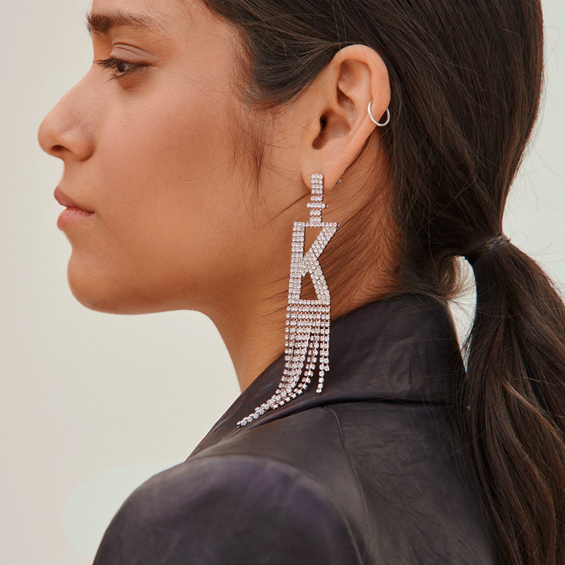 .925 Sterling Silver Rhinestone Letter Earrings Gift Banquet Tassel Needle Ear Ornaments Fashion Jewelry S925 Sterling Silver