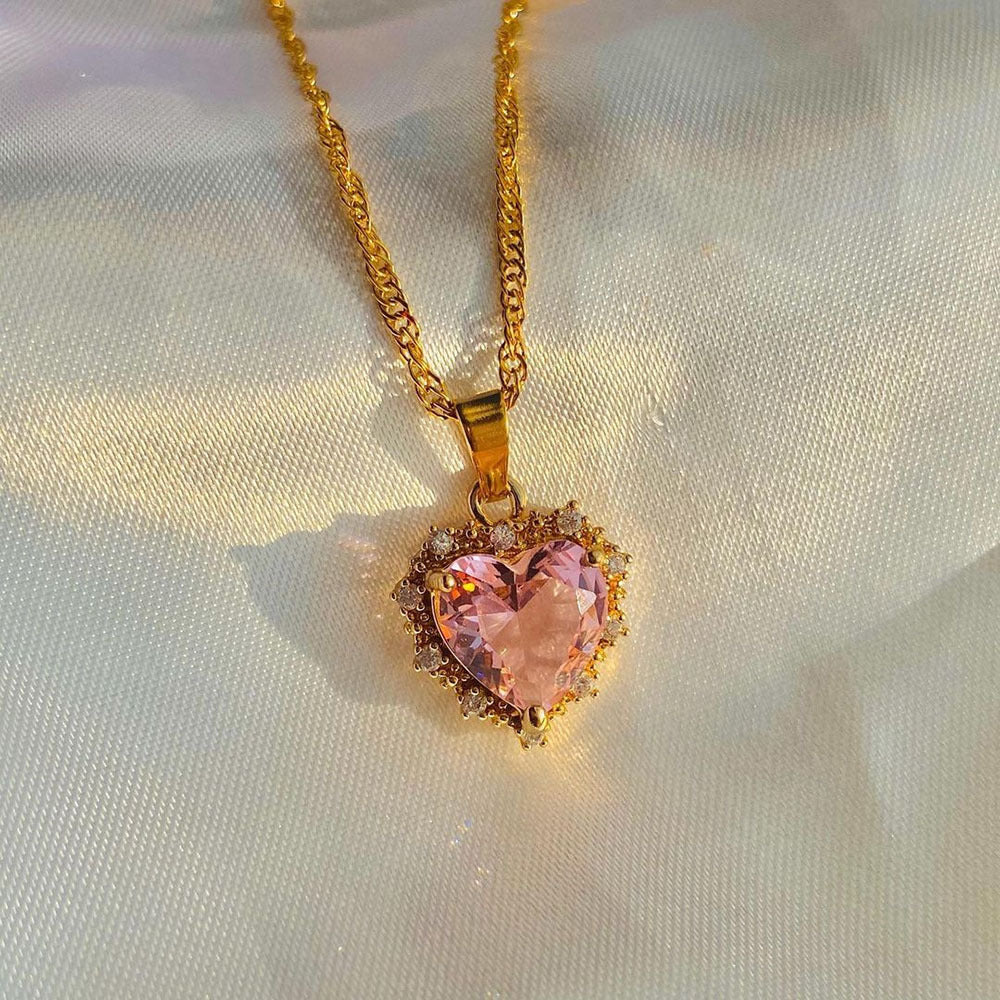 Colorful Rhinestones Heart-Shaped Necklace Valentine's Day Gift Love Gold Clavicle Chain Ins Personalized Jewelry