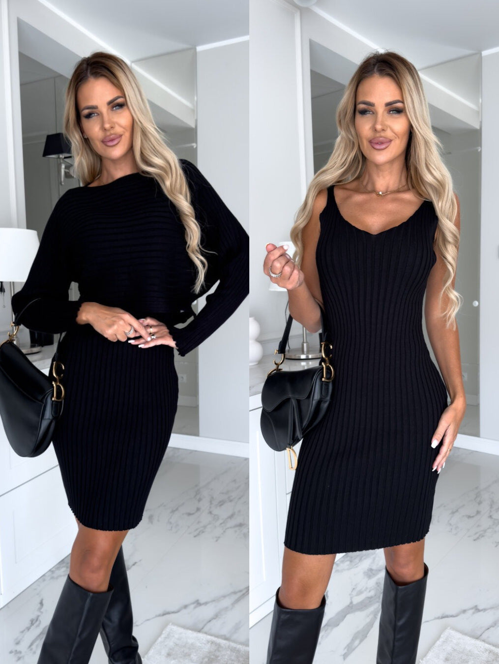 Women’s 2 Piece Suit Women's Solid Stripe Long-sleeved Top And Tight Suspender Skirt Fashion Autumn Winter Slim Clothing
