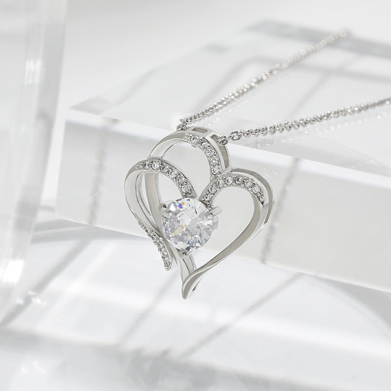 Women’s Zircon Double Love Necklace With Rhinestones Ins Personalized Heart-shaped Necklace Clavicle Chain Jewelry For Women