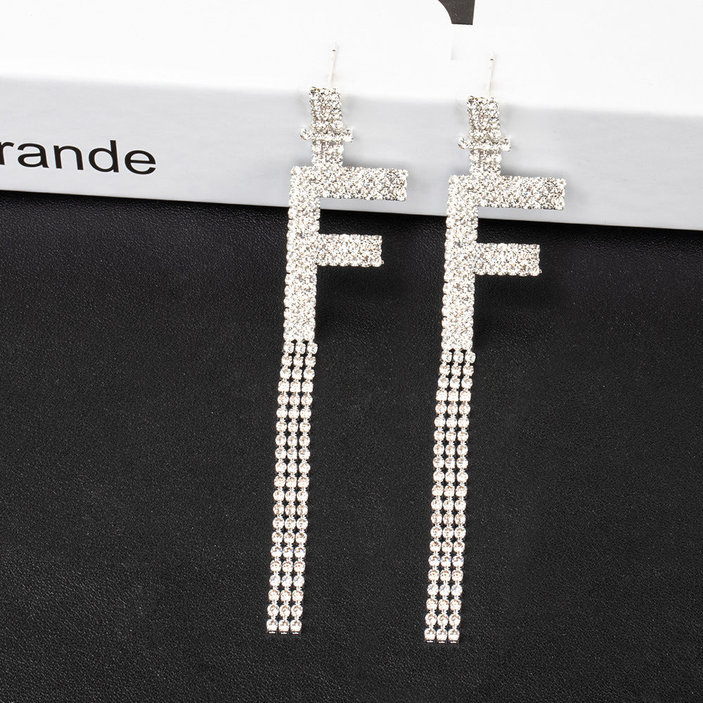 .925 Sterling Silver Rhinestone Letter Earrings Gift Banquet Tassel Needle Ear Ornaments Fashion Jewelry S925 Sterling Silver