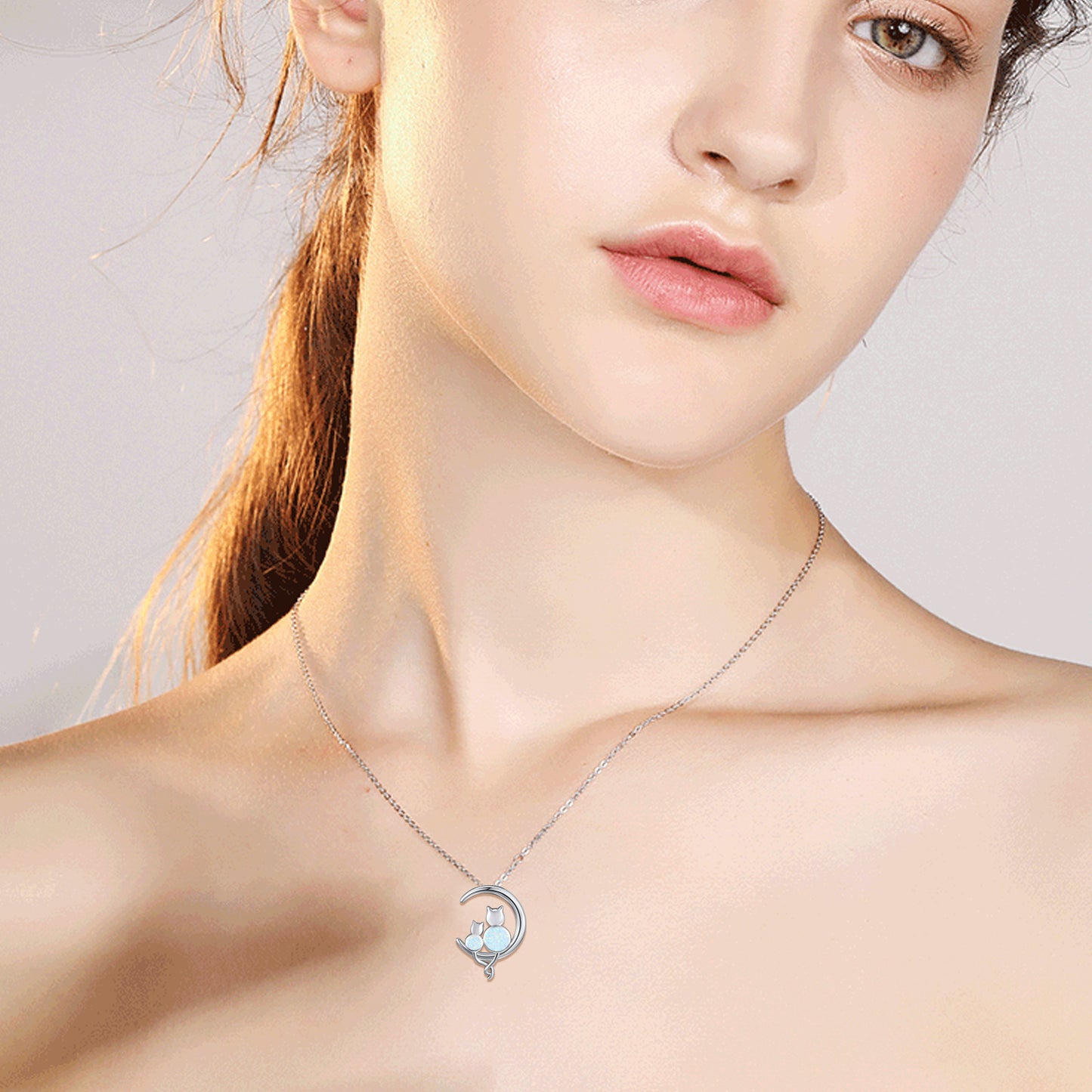 .925 Sterling Silver Women's Crescent Moon Opal Cat Pendant Necklace Gift Women’s Necklace Jewelry