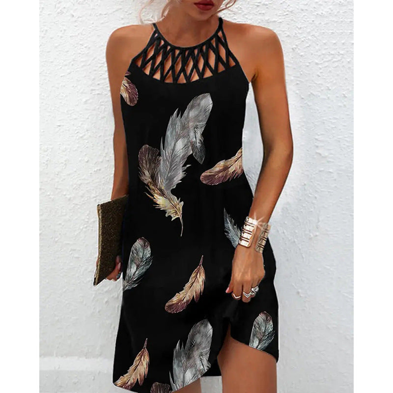 Fashion Print Dress Casual Halter Neck Dresses For Women Summer Clothes Fall Autumn Spring Dress