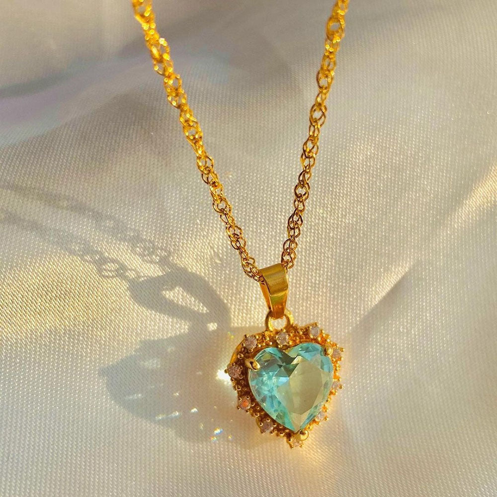 Colorful Rhinestones Heart-Shaped Necklace Valentine's Day Gift Love Gold Clavicle Chain Ins Personalized Jewelry