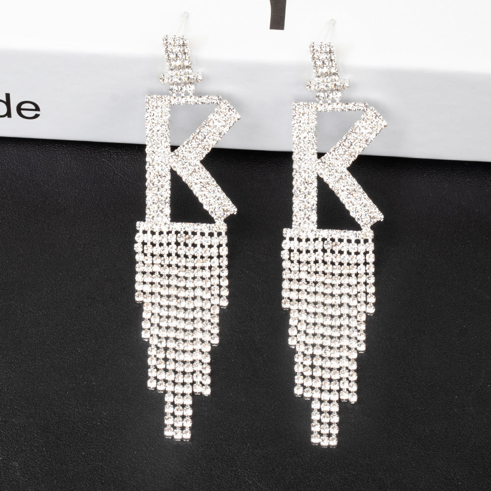 .925 Sterling Silver Rhinestone Letter Earrings Gift Banquet Tassel Needle Ear Ornaments Fashion Jewelry S925 Sterling Silver