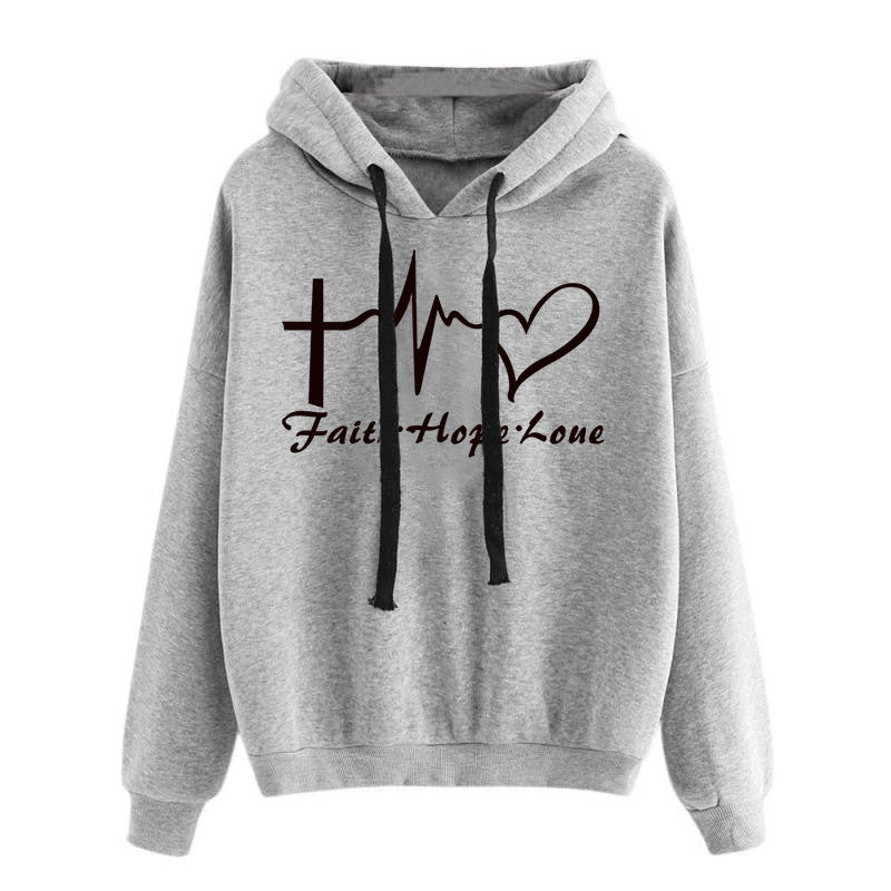 Heart Print Hoodie Sweatshirt Pullover Tops Women Long Sleeve Sports Clothes Christmas Gift Christian Gifts Religious Gifts Faith Hope Love