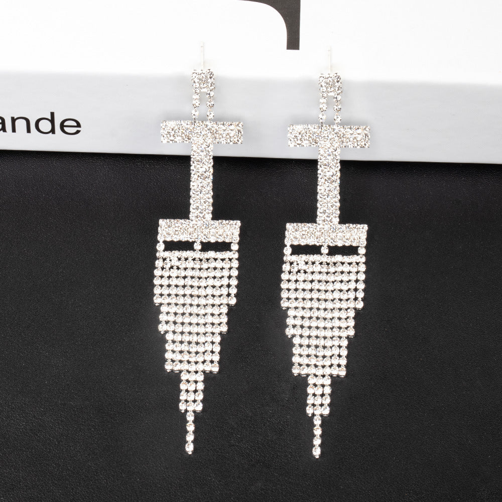 .925 Sterling Silver Rhinestone Letter Earrings Gift Banquet Tassel Needle Ear Ornaments Fashion Jewelry S925 Sterling Silver