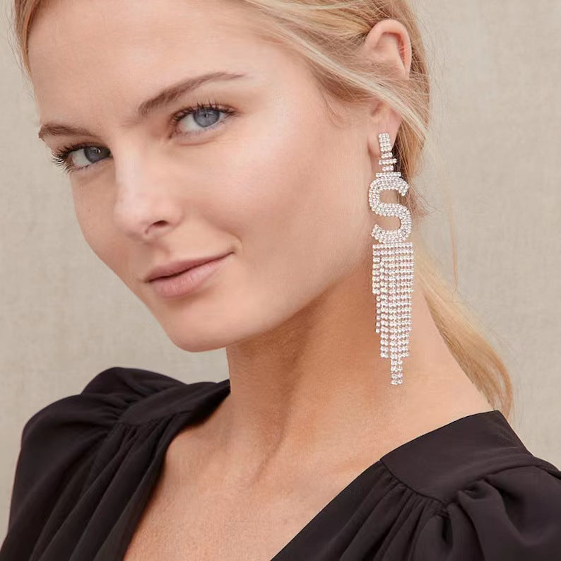 .925 Sterling Silver Rhinestone Letter Earrings Gift Banquet Tassel Needle Ear Ornaments Fashion Jewelry S925 Sterling Silver
