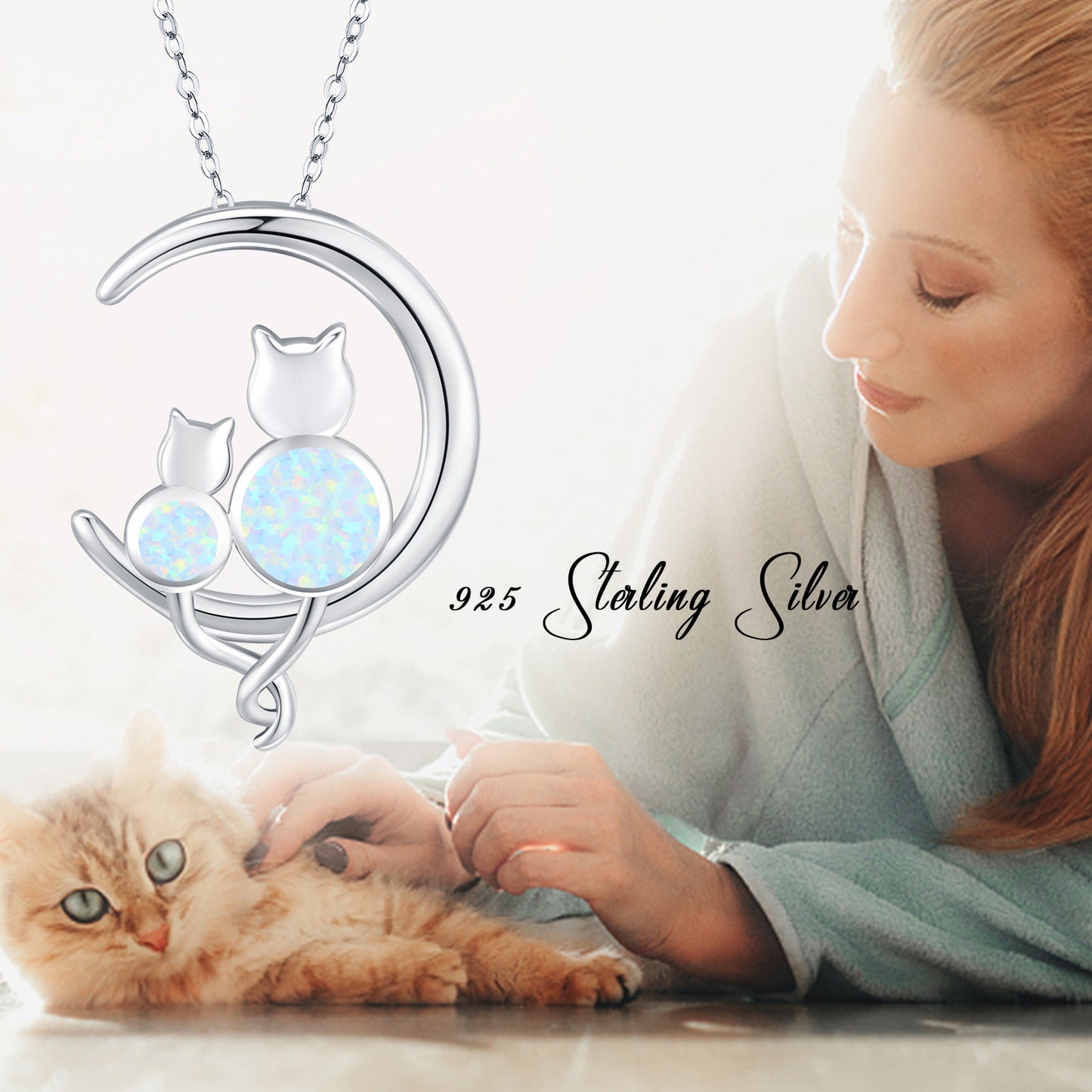 .925 Sterling Silver Women's Crescent Moon Opal Cat Pendant Necklace Gift Women’s Necklace Jewelry