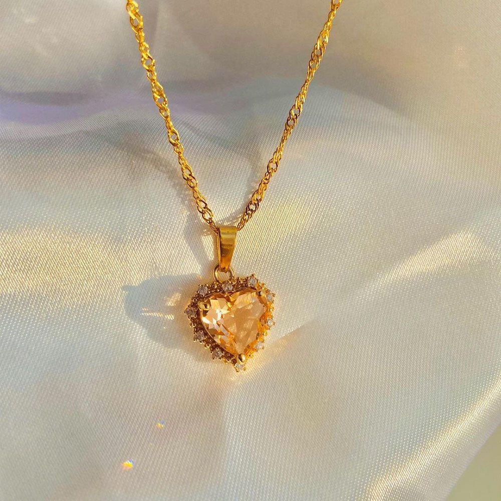 Colorful Rhinestones Heart-Shaped Necklace Valentine's Day Gift Love Gold Clavicle Chain Ins Personalized Jewelry
