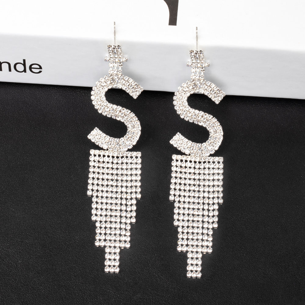 .925 Sterling Silver Rhinestone Letter Earrings Gift Banquet Tassel Needle Ear Ornaments Fashion Jewelry S925 Sterling Silver
