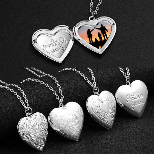 Carved Design Love Necklace Personalized Heart-Shaped Photo Frame Pendant Necklace Valentine's Day Gift Family Jewelry