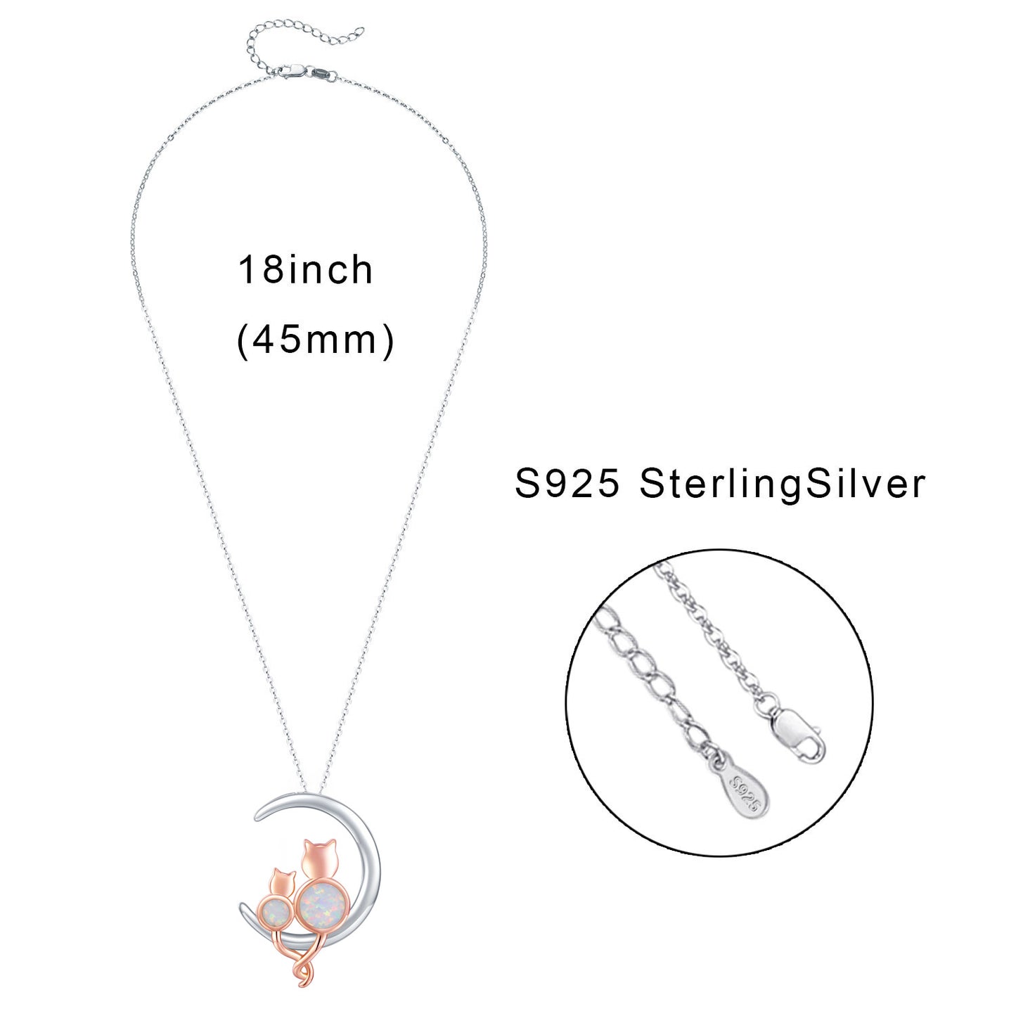 .925 Sterling Silver Women's Crescent Moon Opal Cat Pendant Necklace Gift Women’s Necklace Jewelry