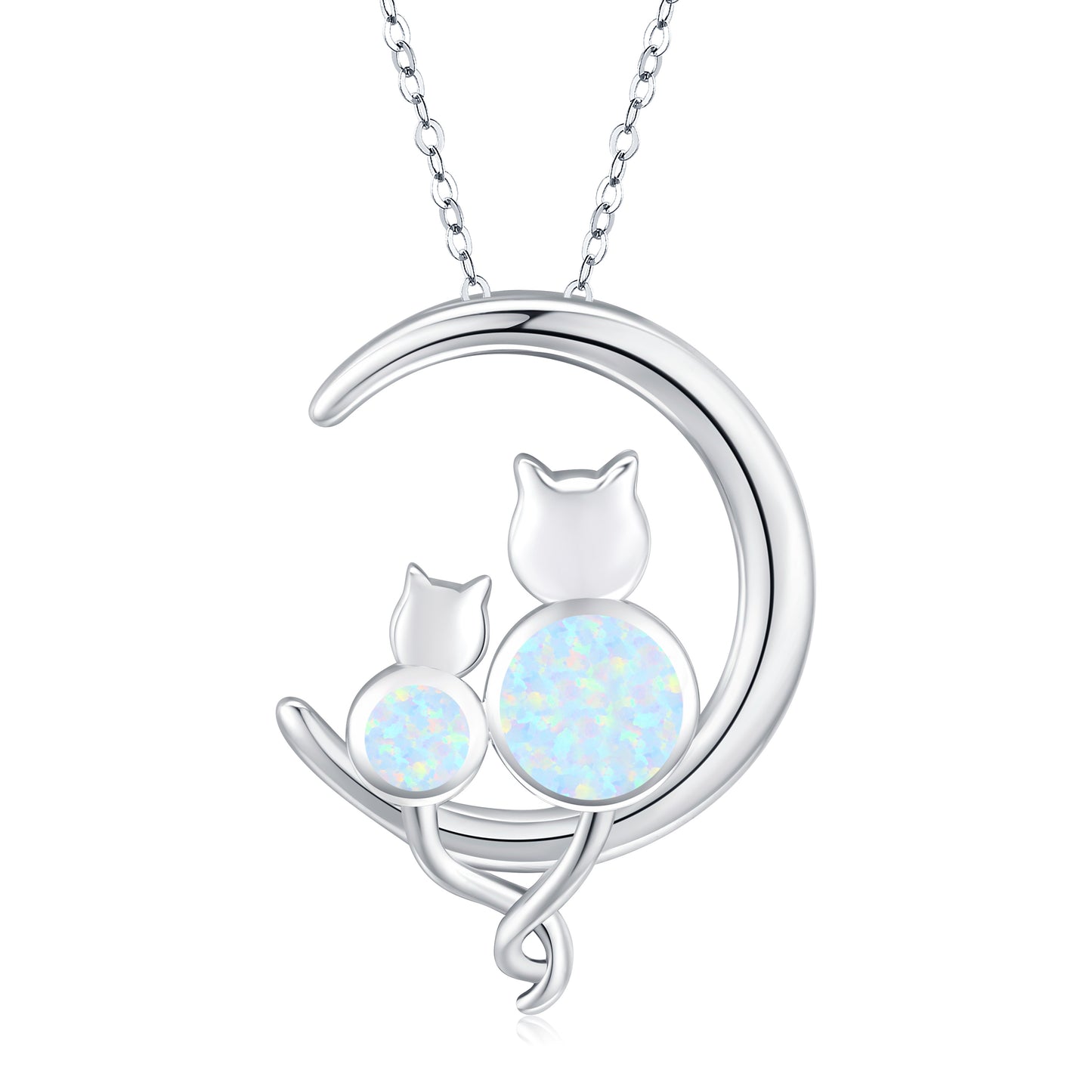 .925 Sterling Silver Women's Crescent Moon Opal Cat Pendant Necklace Gift Women’s Necklace Jewelry