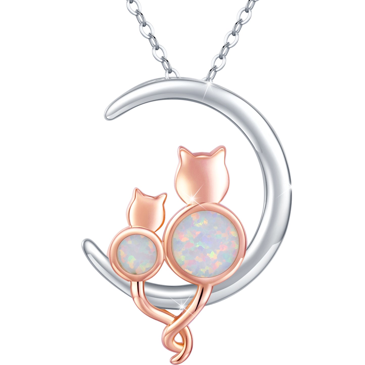 .925 Sterling Silver Women's Crescent Moon Opal Cat Pendant Necklace Gift Women’s Necklace Jewelry