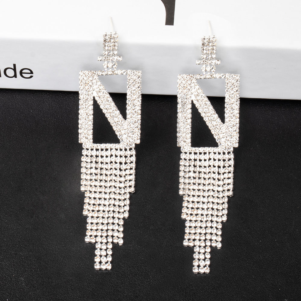 .925 Sterling Silver Rhinestone Letter Earrings Gift Banquet Tassel Needle Ear Ornaments Fashion Jewelry S925 Sterling Silver