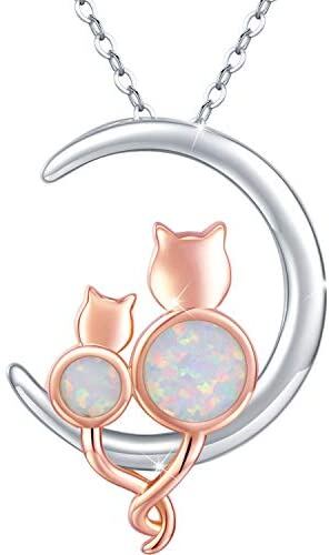 .925 Sterling Silver Women's Crescent Moon Opal Cat Pendant Necklace Gift Women’s Necklace Jewelry