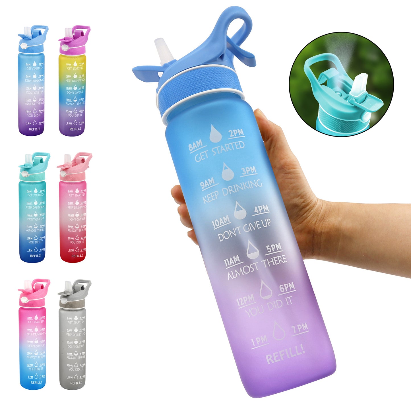 1000ml Plastic Spray Water Bottle Scrub Bounce Cover Straw Space Cup Sports Water Bottle for Travel, Gym, Work, Home, Office, School