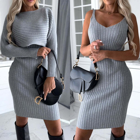 Women’s 2 Piece Suit Women's Solid Stripe Long-sleeved Top And Tight Suspender Skirt Fashion Autumn Winter Slim Clothing