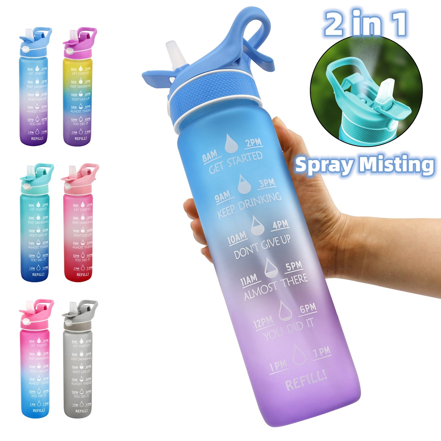1000ml Plastic Spray Water Bottle Scrub Bounce Cover Straw Space Cup Sports Water Bottle for Travel, Gym, Work, Home, Office, School