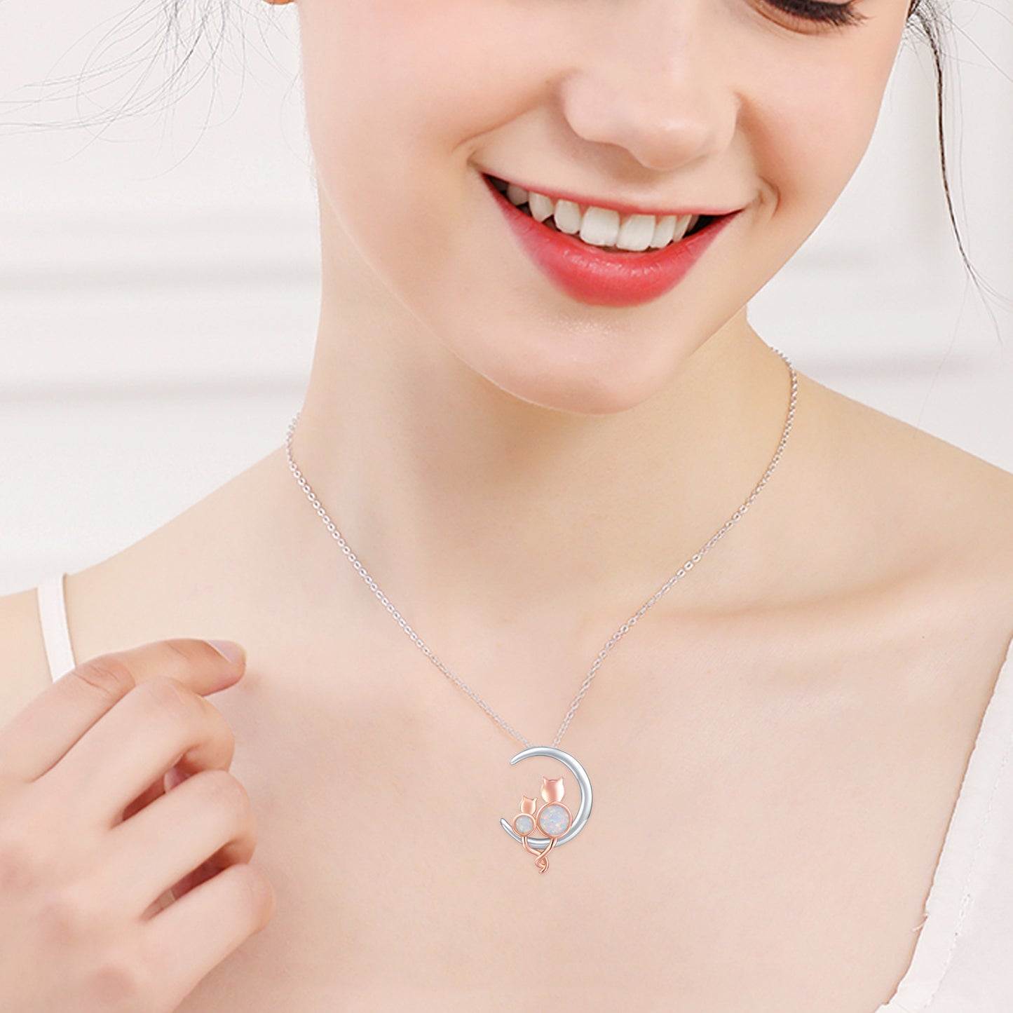 .925 Sterling Silver Women's Crescent Moon Opal Cat Pendant Necklace Gift Women’s Necklace Jewelry