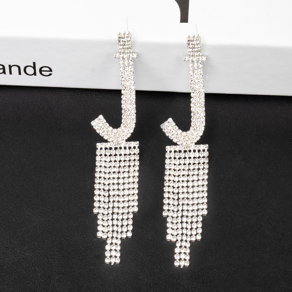 .925 Sterling Silver Rhinestone Letter Earrings Gift Banquet Tassel Needle Ear Ornaments Fashion Jewelry S925 Sterling Silver